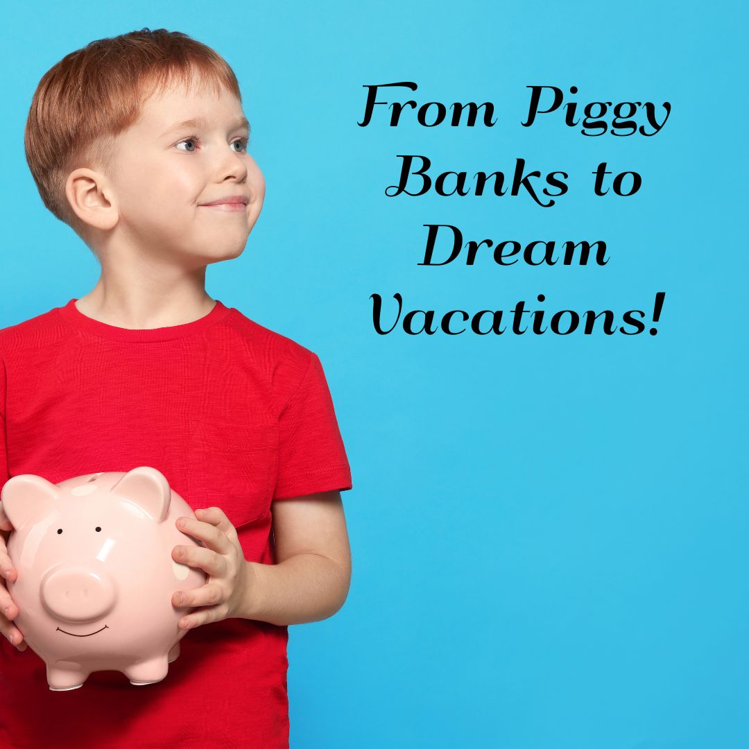 Picture of a little boy in a red shirt holding a pink piggy bank!