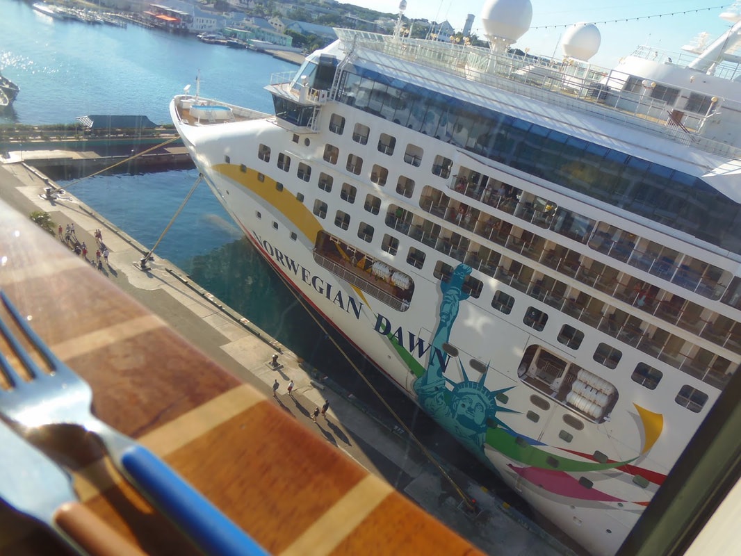 View of Norwegian Dawn from Cruise ship before leaving for family cruise