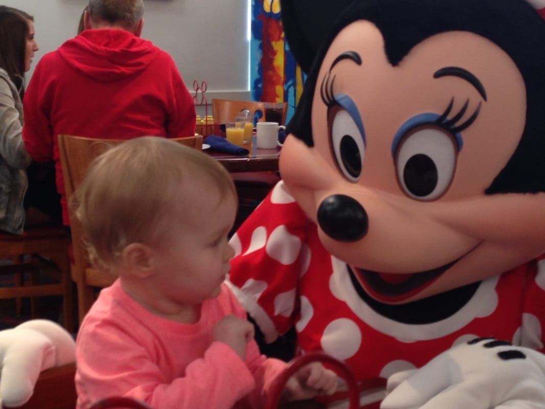 18 month old Child's First Meeting with Minnie at Chef Mickey's